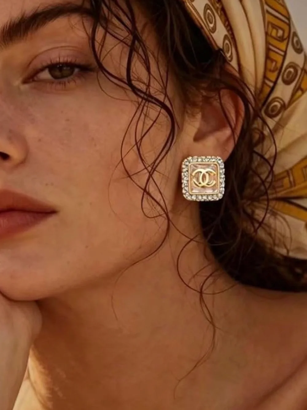 CHANEL Crystal Logo Stud Earrings